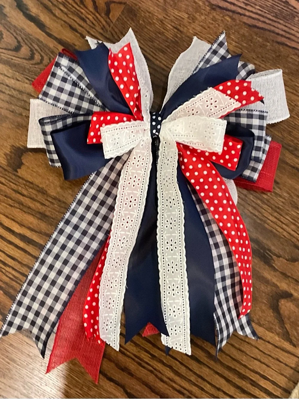 Patriotic Red, Navy & White Decorative Bow for Home Holiday Wreaths